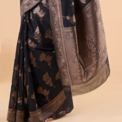Elegant Black Banarasi Soft Silk Saree with Copper Zari Weaving