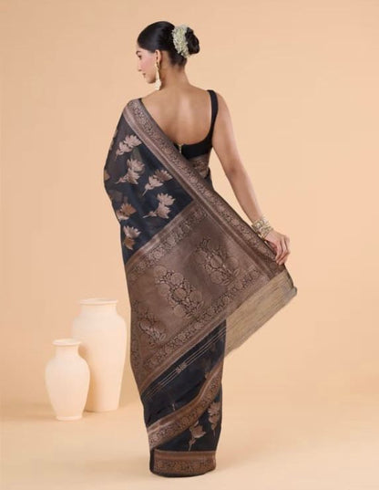Elegant Black Banarasi Soft Silk Saree with Copper Zari Weaving