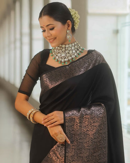 Classic Black Banarasi Soft Silk Saree with Copper Zari Weaving