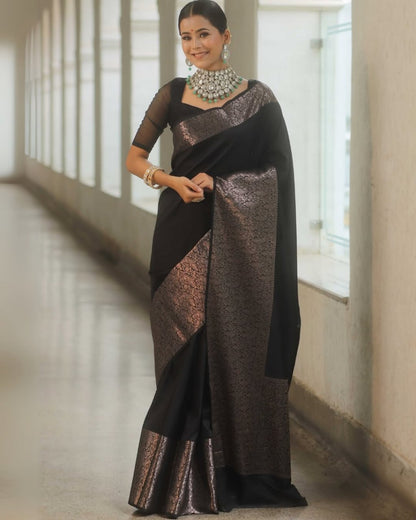 Classic Black Banarasi Soft Silk Saree with Copper Zari Weaving