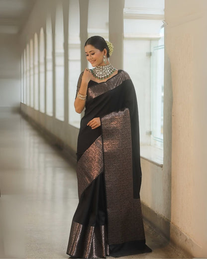 Classic Black Banarasi Soft Silk Saree with Copper Zari Weaving