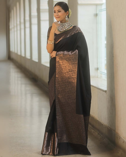 Classic Black Banarasi Soft Silk Saree with Copper Zari Weaving