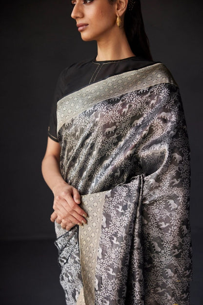 Elegant Black & Silver Banarasi Soft Silk Saree with Gold Zari Weaving