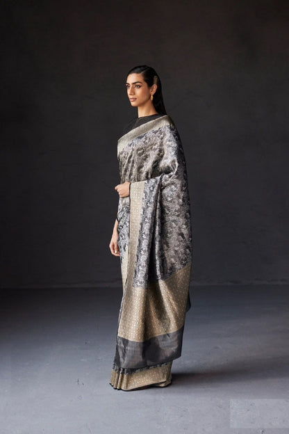 Elegant Black & Silver Banarasi Soft Silk Saree with Gold Zari Weaving