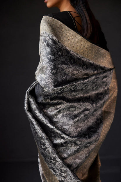 Elegant Black & Silver Banarasi Soft Silk Saree with Gold Zari Weaving