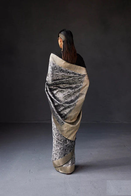 Elegant Black & Silver Banarasi Soft Silk Saree with Gold Zari Weaving