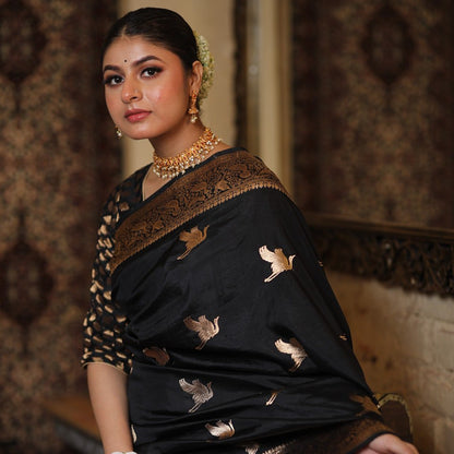 Black Banarasi Soft Silk Saree with Gold Zari Weaving