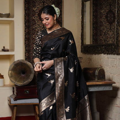 Black Banarasi Soft Silk Saree with Gold Zari Weaving