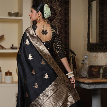Black Banarasi Soft Silk Saree with Gold Zari Weaving