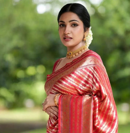Red Banarasi Soft Silk Saree with Gold Zari Weaving