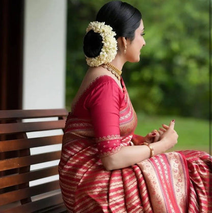 Red Banarasi Soft Silk Saree with Gold Zari Weaving