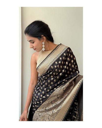 Elegant Black Banarasi Soft Silk Saree with Gold Zari Weaving