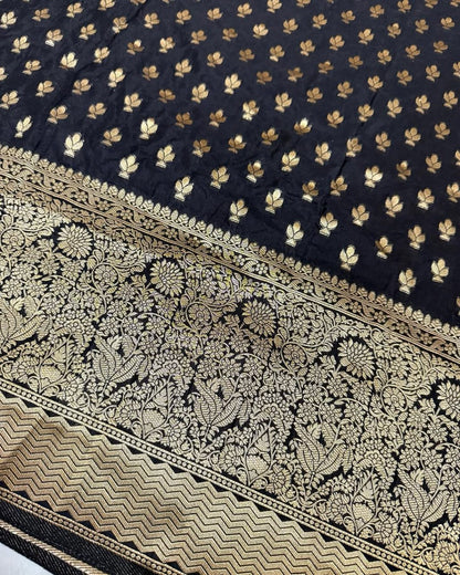 Elegant Black Banarasi Soft Silk Saree with Gold Zari Weaving