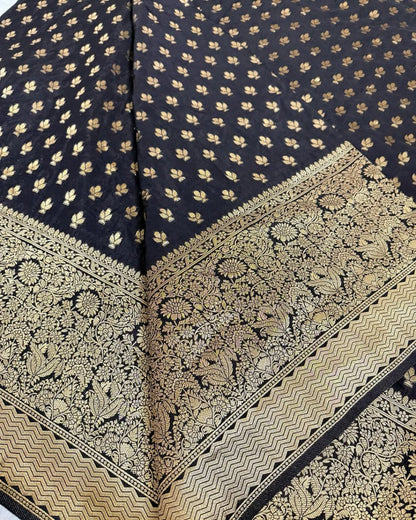 Elegant Black Banarasi Soft Silk Saree with Gold Zari Weaving