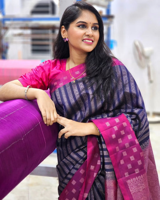 Royal Purple & Pink Banarasi Soft Silk Saree with Silver Zari Weaving