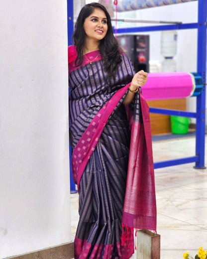 Royal Purple & Pink Banarasi Soft Silk Saree with Silver Zari Weaving