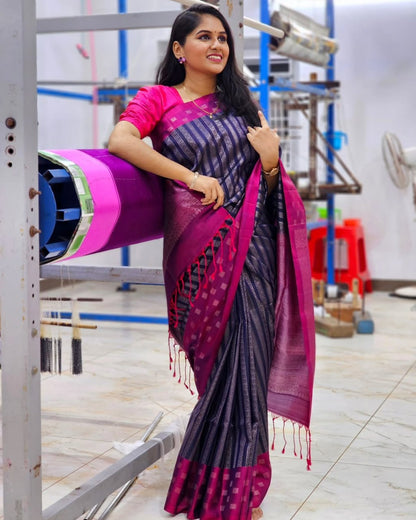 Royal Purple & Pink Banarasi Soft Silk Saree with Silver Zari Weaving