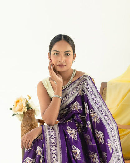 Royal Violet Banarasi Soft Silk Saree with Gold Zari Weaving