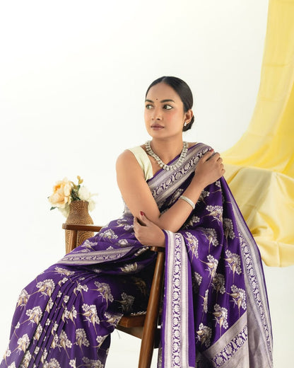 Royal Violet Banarasi Soft Silk Saree with Gold Zari Weaving