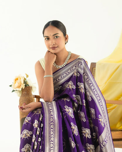 Royal Violet Banarasi Soft Silk Saree with Gold Zari Weaving