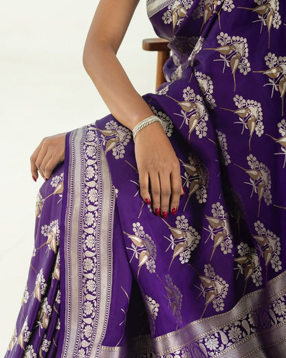 Royal Violet Banarasi Soft Silk Saree with Gold Zari Weaving