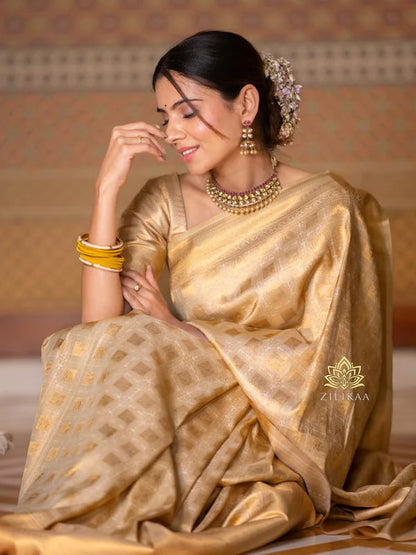 Golden Banarasi Soft Silk Saree with Rich Gold Zari Weaving