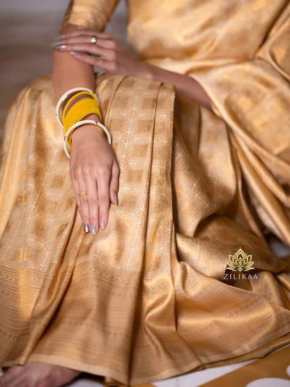 Golden Banarasi Soft Silk Saree with Rich Gold Zari Weaving