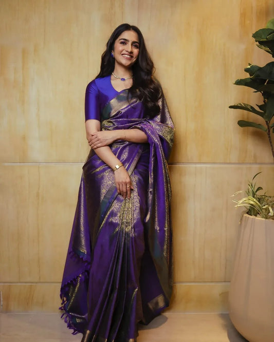 Royal Purple Banarasi Soft Silk Saree with Gold Zari Weaving