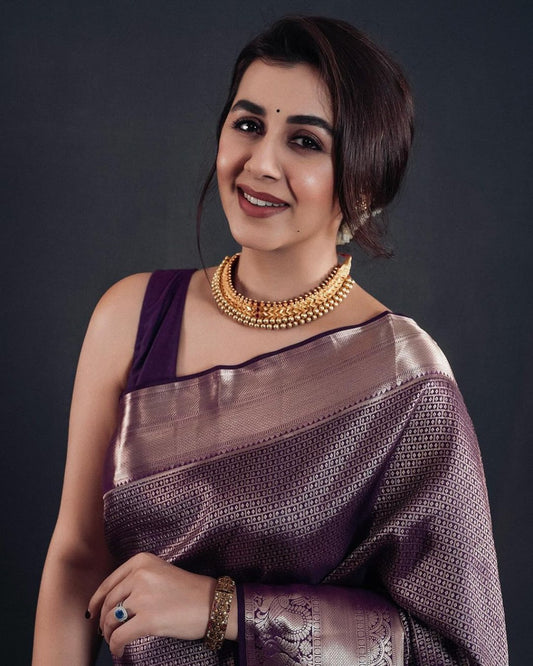 Elegant Lavender Banarasi Soft Silk Saree with Gold Zari Weaving