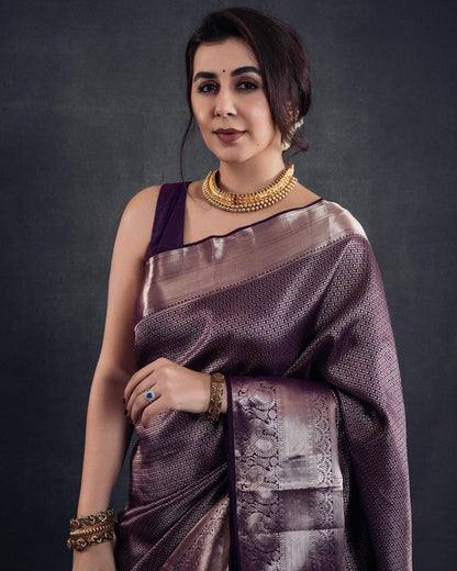 Elegant Lavender Banarasi Soft Silk Saree with Gold Zari Weaving