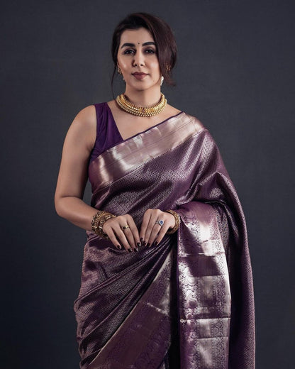 Elegant Lavender Banarasi Soft Silk Saree with Gold Zari Weaving