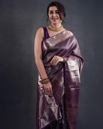 Elegant Lavender Banarasi Soft Silk Saree with Gold Zari Weaving