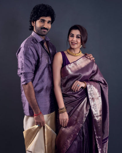 Elegant Lavender Banarasi Soft Silk Saree with Gold Zari Weaving