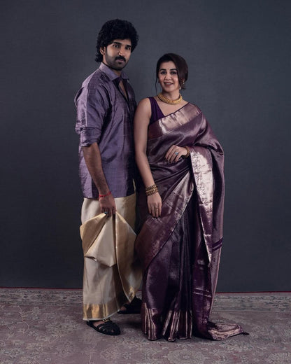 Elegant Lavender Banarasi Soft Silk Saree with Gold Zari Weaving