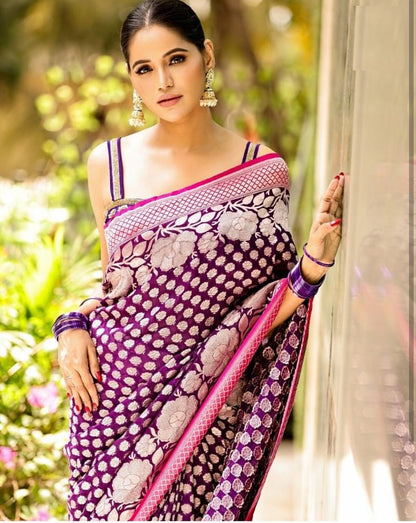Royal Violet Banarasi Soft Silk Saree with Gold Zari Weaving