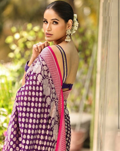 Royal Violet Banarasi Soft Silk Saree with Gold Zari Weaving