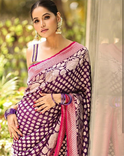 Royal Violet Banarasi Soft Silk Saree with Gold Zari Weaving