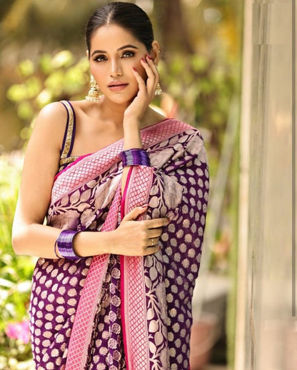 Royal Violet Banarasi Soft Silk Saree with Gold Zari Weaving