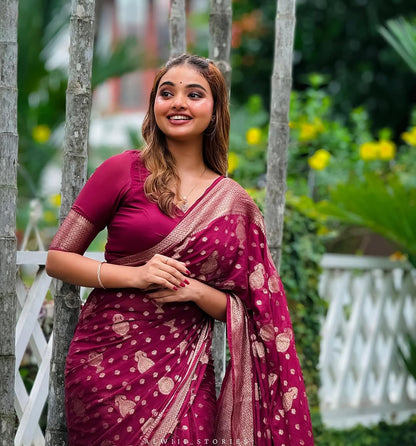 Wine Maroon Banarasi Soft Silk Saree with Gold Zari Weaving
