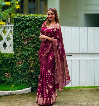 Wine Maroon Banarasi Soft Silk Saree with Gold Zari Weaving