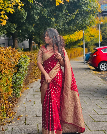 Crimson Red Banarasi Soft Silk Saree with Golden Border