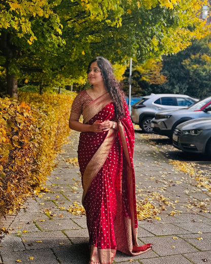 Crimson Red Banarasi Soft Silk Saree with Golden Border