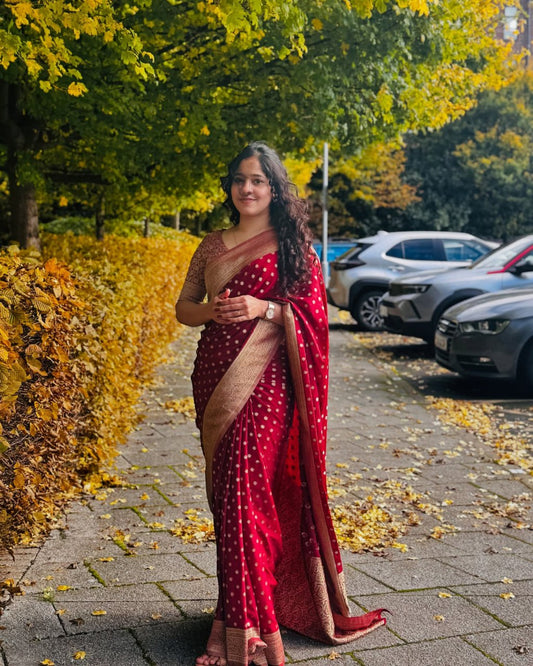 Crimson Red Banarasi Soft Silk Saree with Golden Border