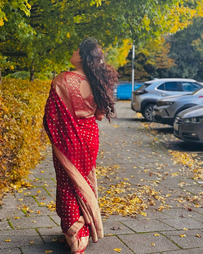 Crimson Red Banarasi Soft Silk Saree with Golden Border