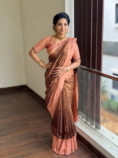 Coffee Brown & Peach Banarasi Soft Silk Saree with Gold Zari Weaving