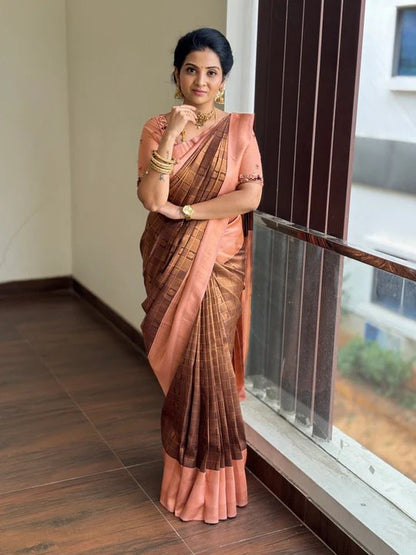 Coffee Brown & Peach Banarasi Soft Silk Saree with Gold Zari Weaving