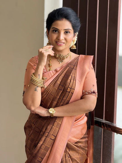 Coffee Brown & Peach Banarasi Soft Silk Saree with Gold Zari Weaving