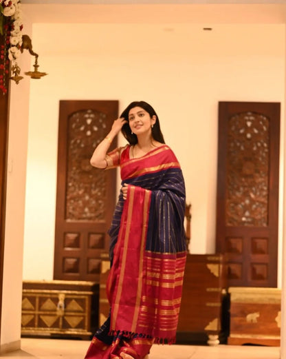 Blue & Red Banarasi Soft Silk Saree with Gold Zari Weaving