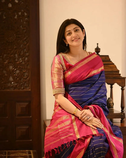Blue & Red Banarasi Soft Silk Saree with Gold Zari Weaving