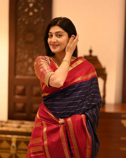 Blue & Red Banarasi Soft Silk Saree with Gold Zari Weaving